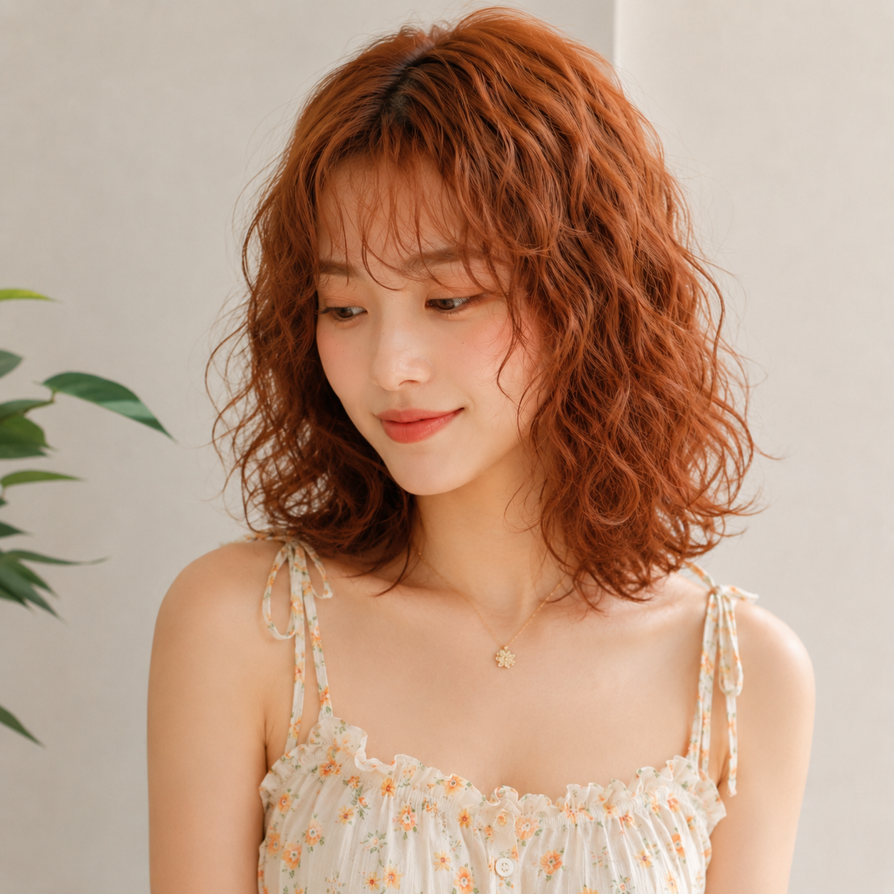 여자 중단발 히피펌 오렌지 브라운 염색 성신여대 미용실 한스헤어에서