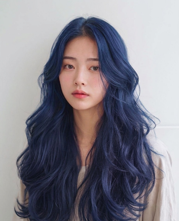 긴머리 블루염색 레이어드컷 구름펌