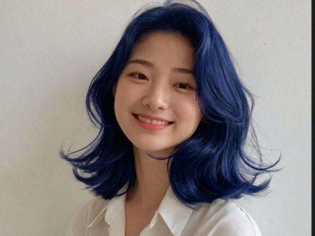중단발 레이어컷 블루염색