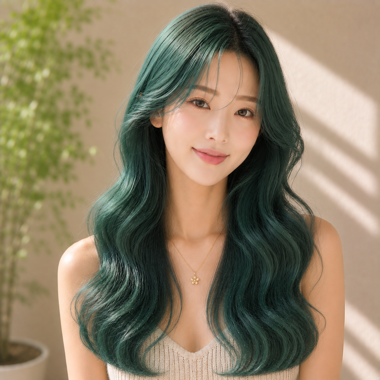 여자 긴머리 엘리자벳펌 에메랄드 그린 염색 성신여대 헤어샵에서
