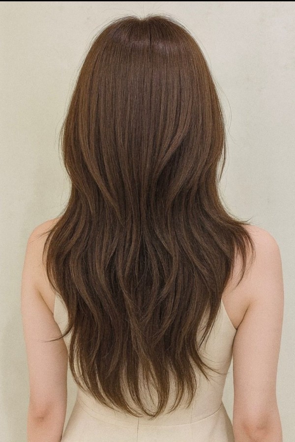 성신여대 미용실 애쉬브라운 허쉬펌 차분한 애쉬브라운 컬러에 자연스러운 허쉬펌 웨이브 시술후 뒷모습