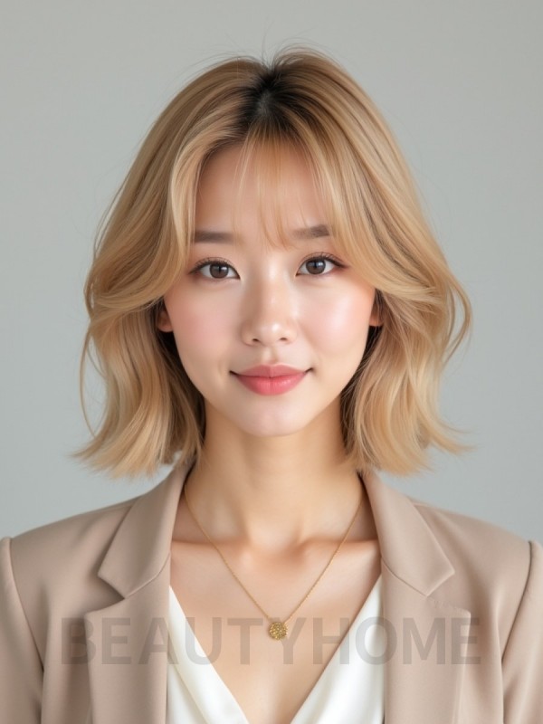 골든 블론드 귀밑 스택 단발+사이드뱅
