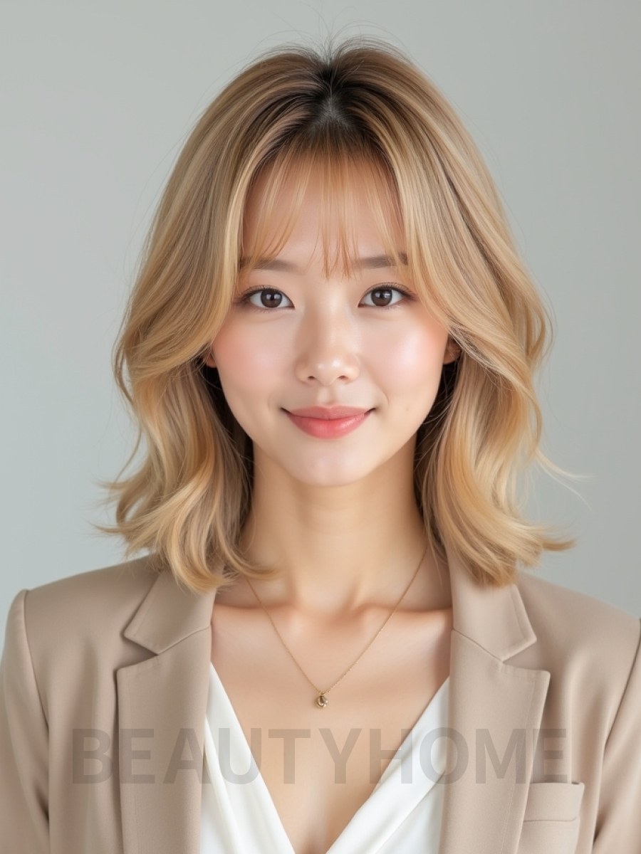 골든 블론드 턱선 웨이브 단발+사이드뱅