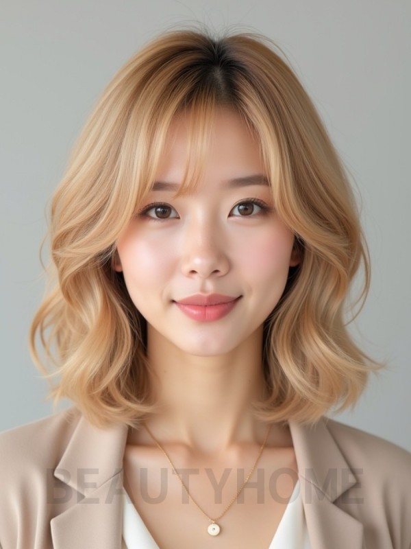 골든 블론드 귀밑 웨이브 단발+사이드뱅