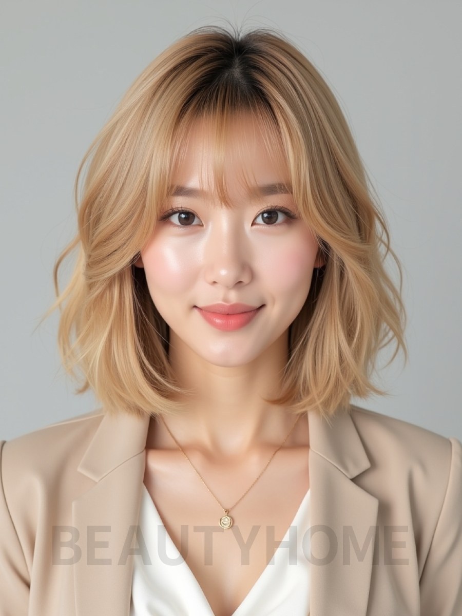 골든 블론드 턱선 텍스처 단발+커튼뱅