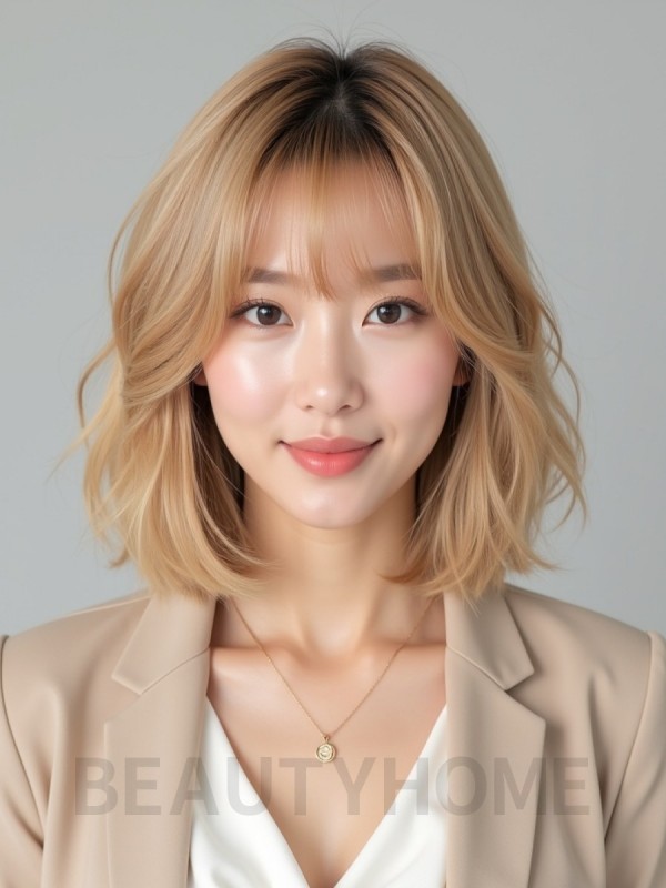 골든 블론드 턱선 텍스처 단발+커튼뱅