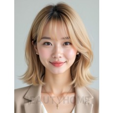 골든 블론드 턱선 레이어드 단발+사이드뱅