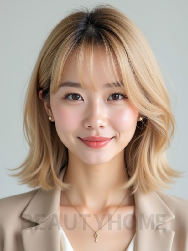 골든 블론드 턱선 레이어드 단발+사이드뱅