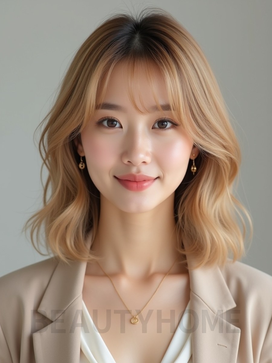 골든 블론드 귀밑 레이어드 단발+사이드뱅