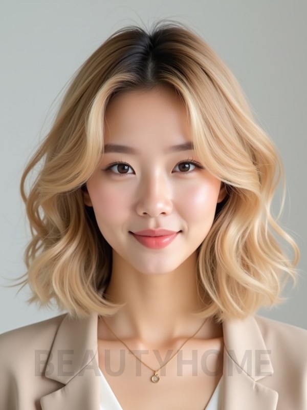 골든 블론드 턱선 컬 단발