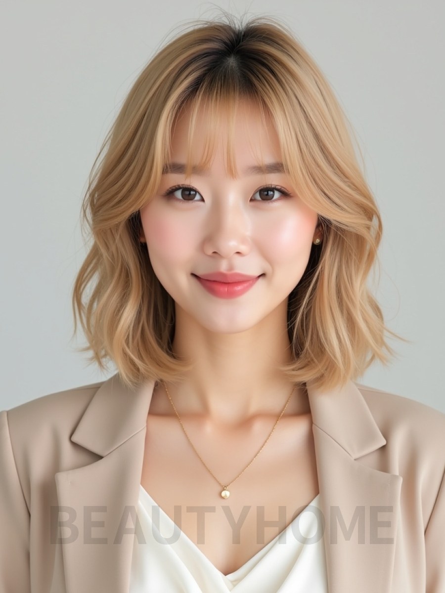 골든 블론드 턱선 레이어드 단발+시스루뱅