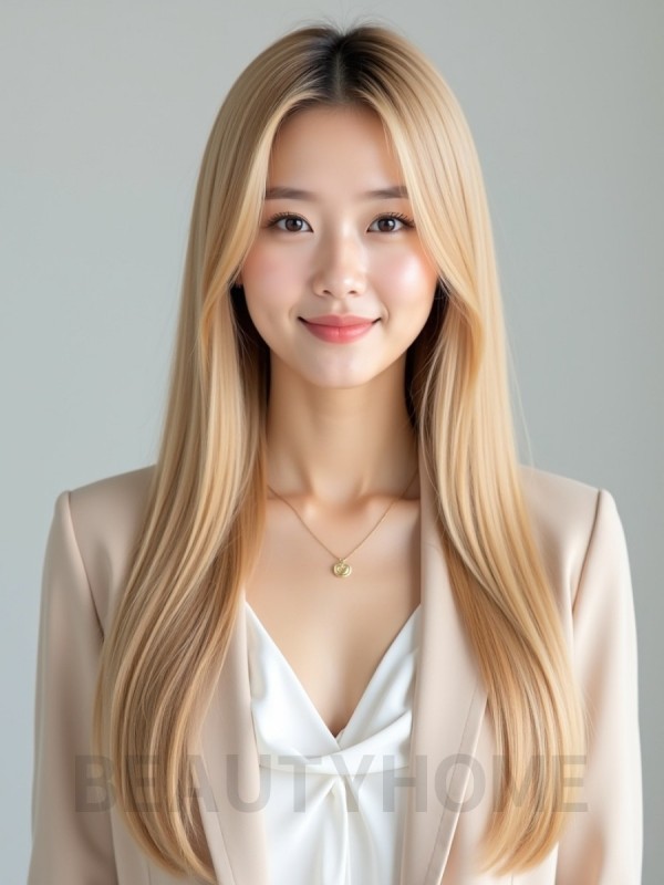 골든 블론드 긴 슬릭 생머리