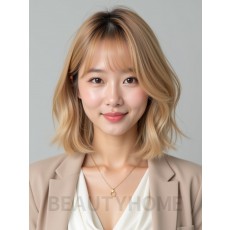 골든 블론드 턱선 스택 단발+사이드뱅