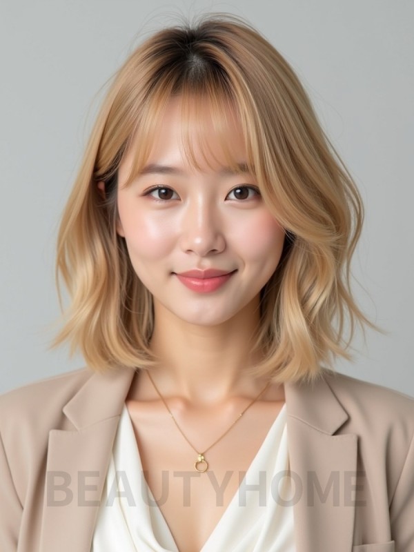 골든 블론드 턱선 스택 단발+사이드뱅