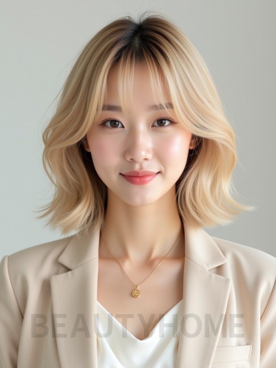 골든 블론드 귀밑 그라데이션 단발+풀뱅