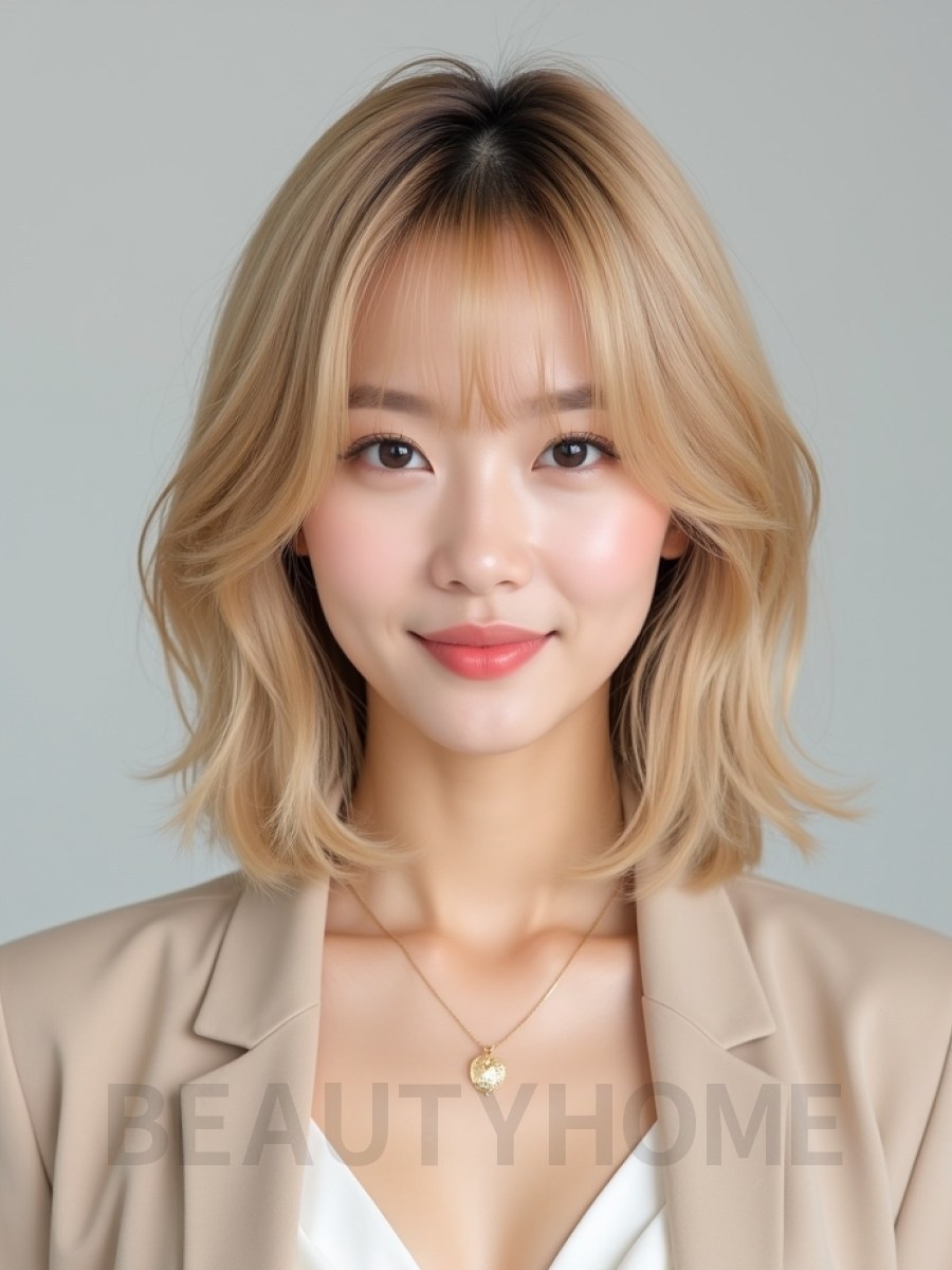 골든 블론드 턱선 인버티드 단발+시스루뱅