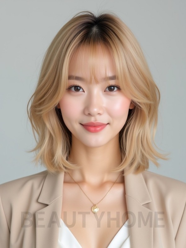 골든 블론드 턱선 인버티드 단발+시스루뱅