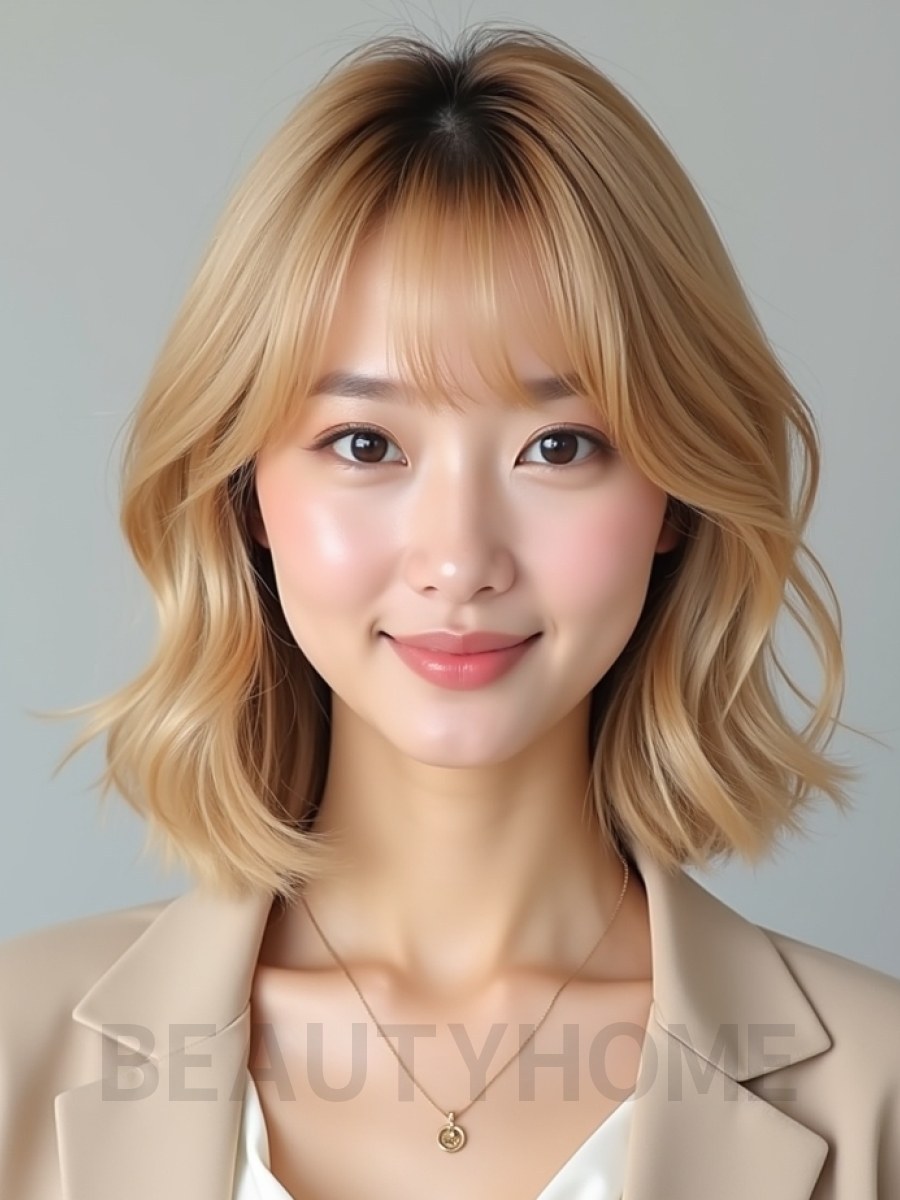 골든 블론드 턱선 그라데이션 단발+뱅