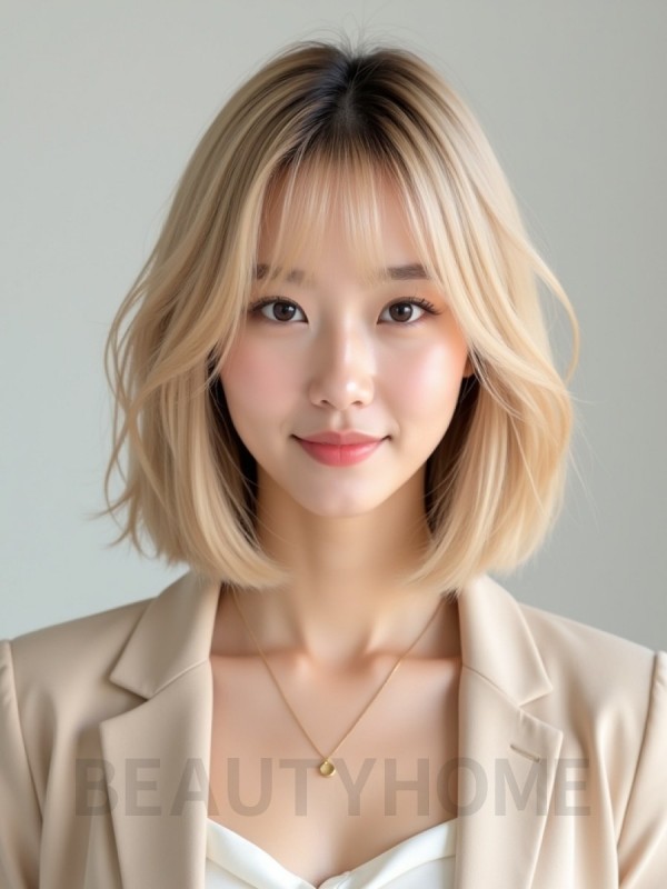 골든 블론드 귀밑 스트레이트 단발+시스루뱅