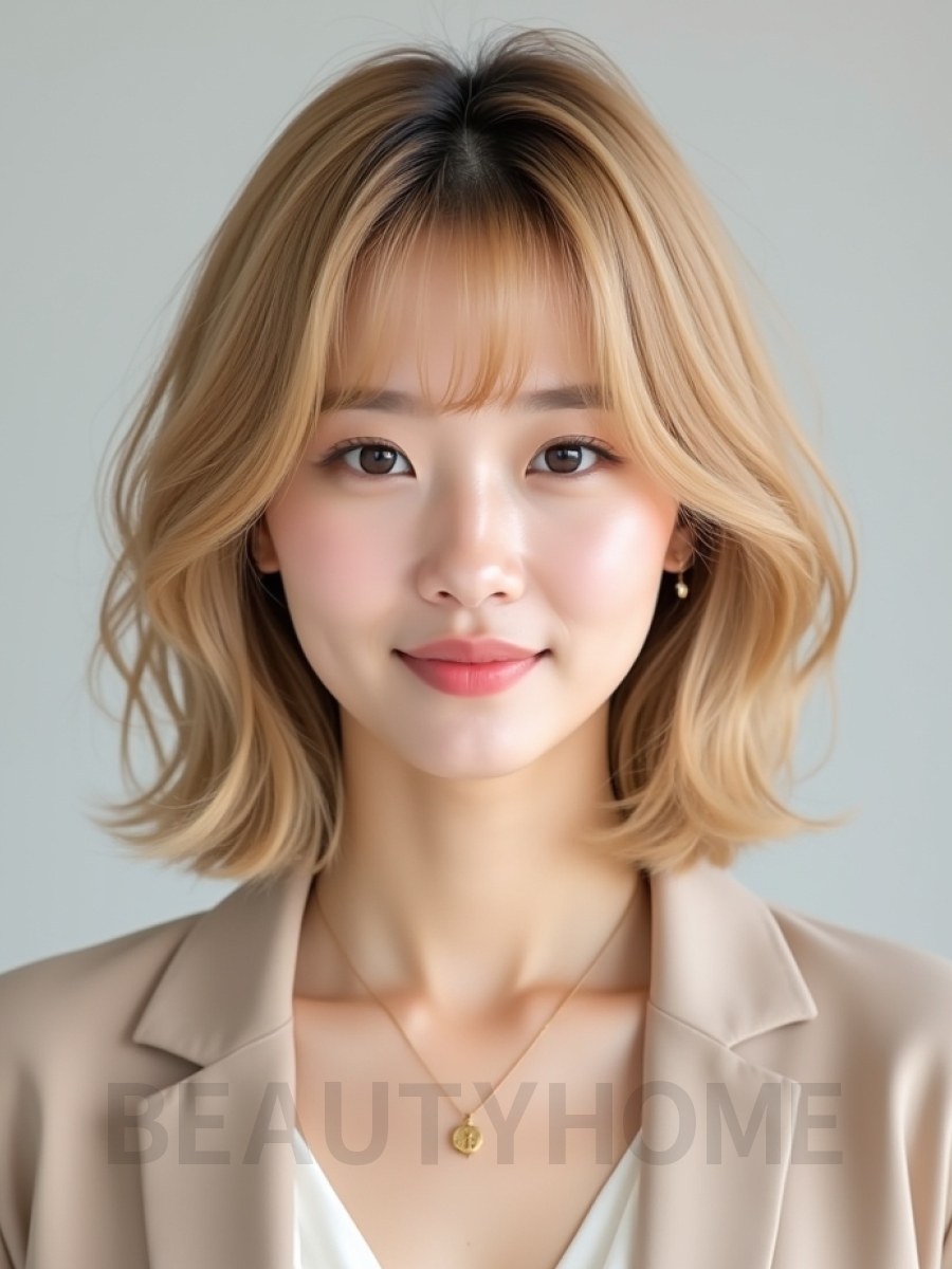 골든 블론드 귀밑 웨이브 단발+커튼뱅