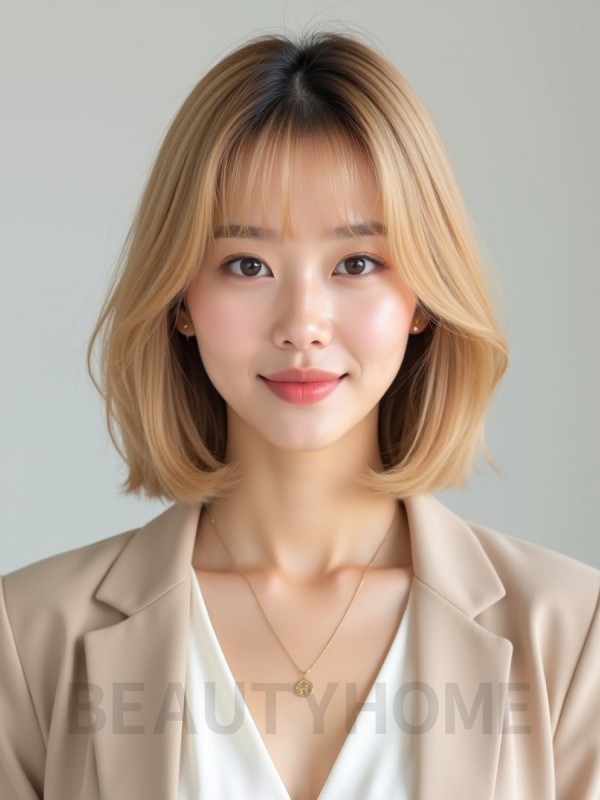 골든 블론드 턱선 블런트 단발+풀뱅