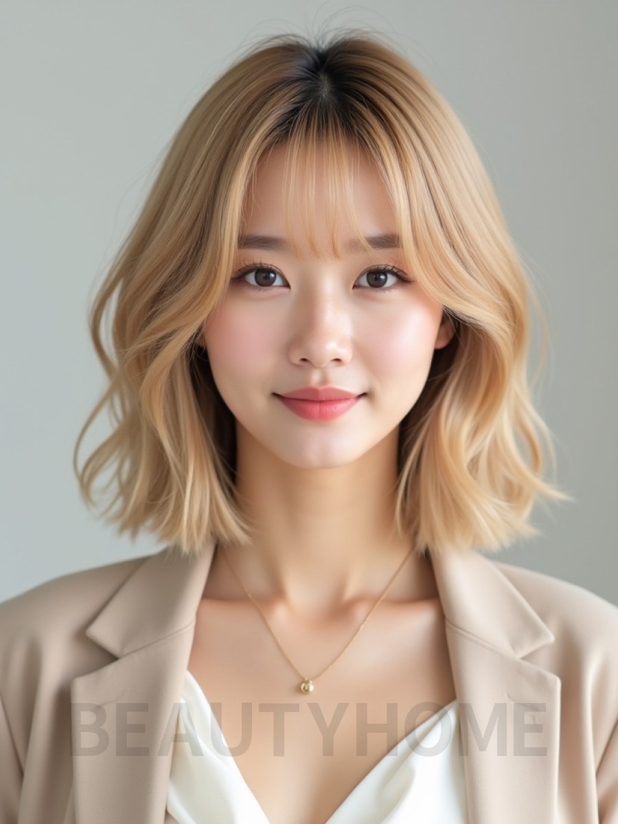골든 블론드 귀밑 그라데이션 단발+사이드뱅