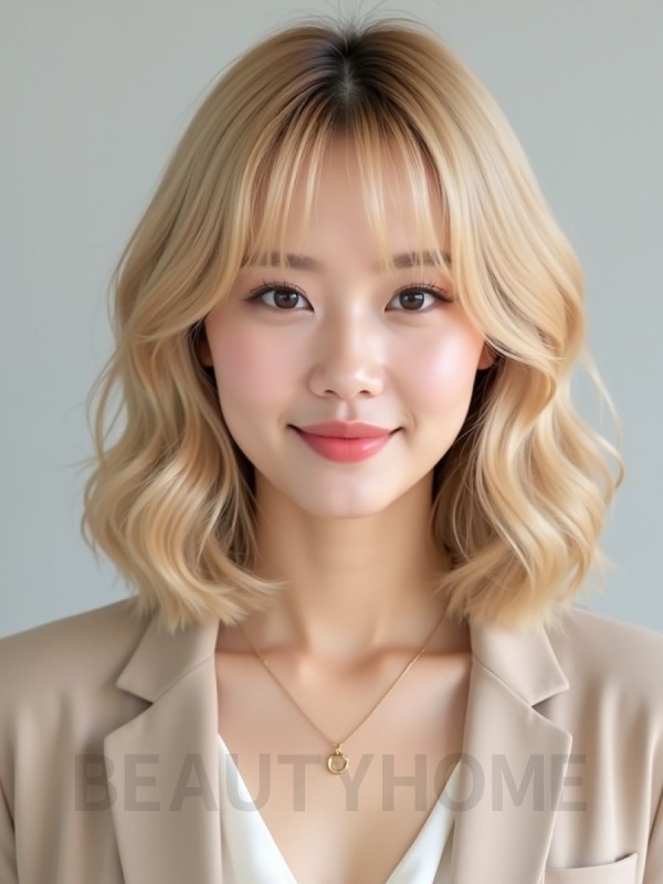 골든 블론드 귀밑 웨이브 단발+풀뱅