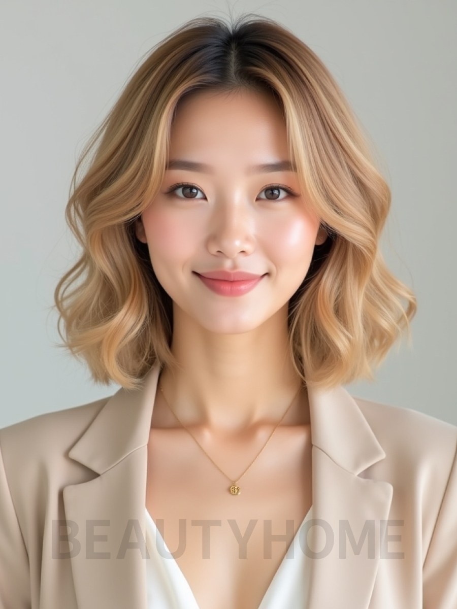 골든 블론드 턱선 컬 단발+시스루뱅