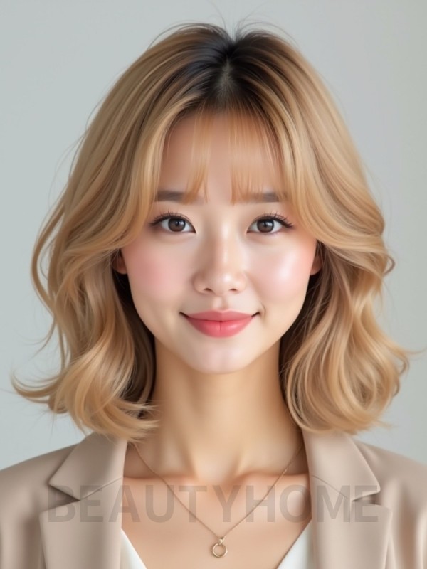 골든 블론드 턱선 웨이브 단발+커튼뱅