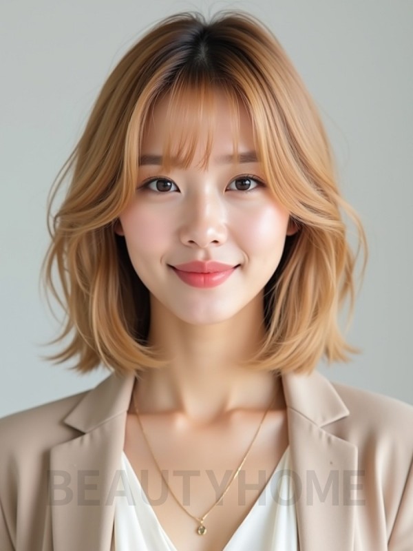 골든 블론드 턱선 비대칭 단발+뱅