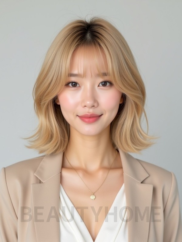 골든 블론드 턱선 비대칭 단발+풀뱅