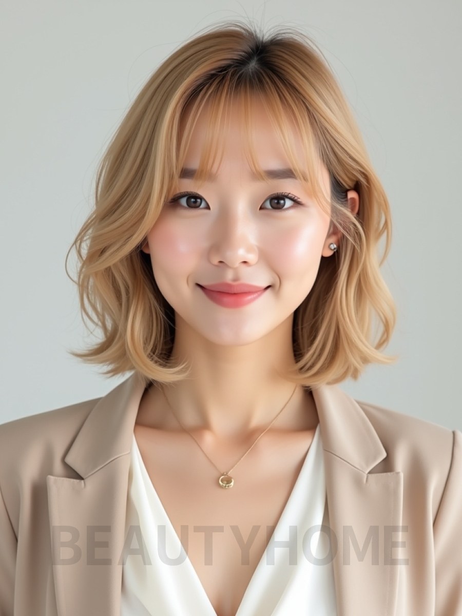 골든 블론드 턱선 비대칭 단발+사이드뱅