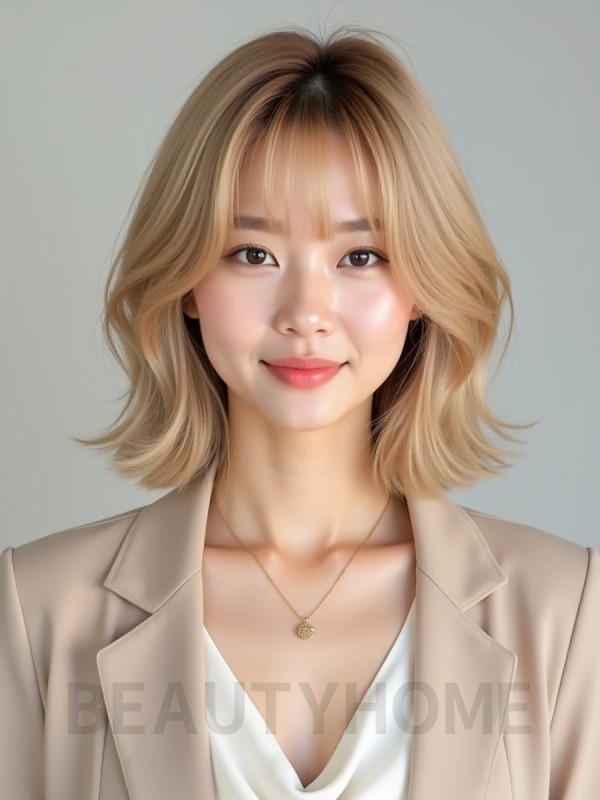 골든 블론드 귀밑 비대칭 단발+시스루뱅
