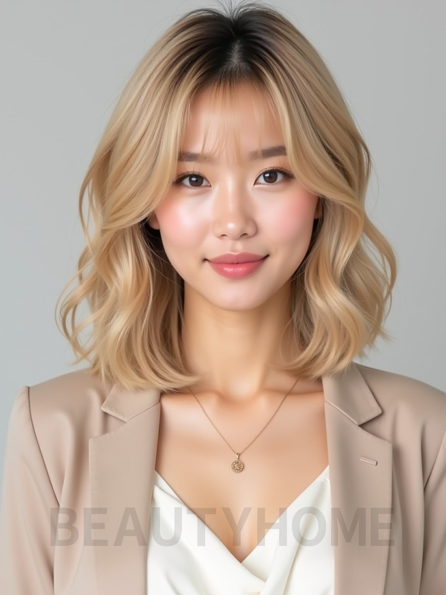 골든 블론드 귀밑 웨이브 단발+시스루뱅
