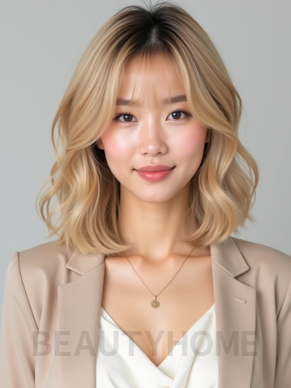 골든 블론드 귀밑 웨이브 단발+시스루뱅