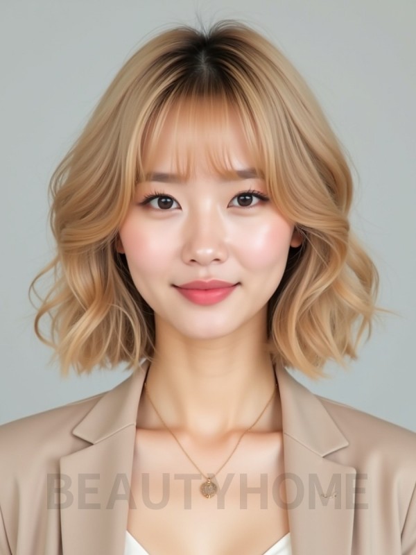 골든 블론드 귀밑 컬 단발+시스루뱅