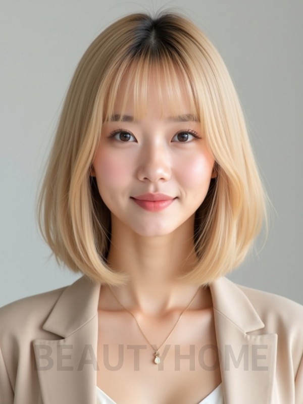 골든 블론드 턱선 스트레이트 단발+풀뱅