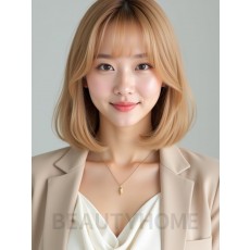 골든 블론드 턱선 스트레이트 단발+사이드뱅