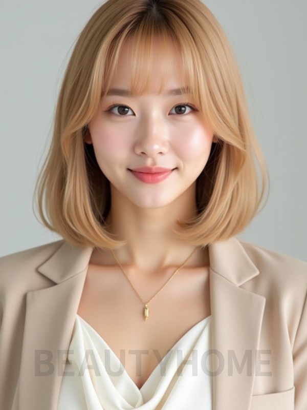 골든 블론드 턱선 스트레이트 단발+사이드뱅