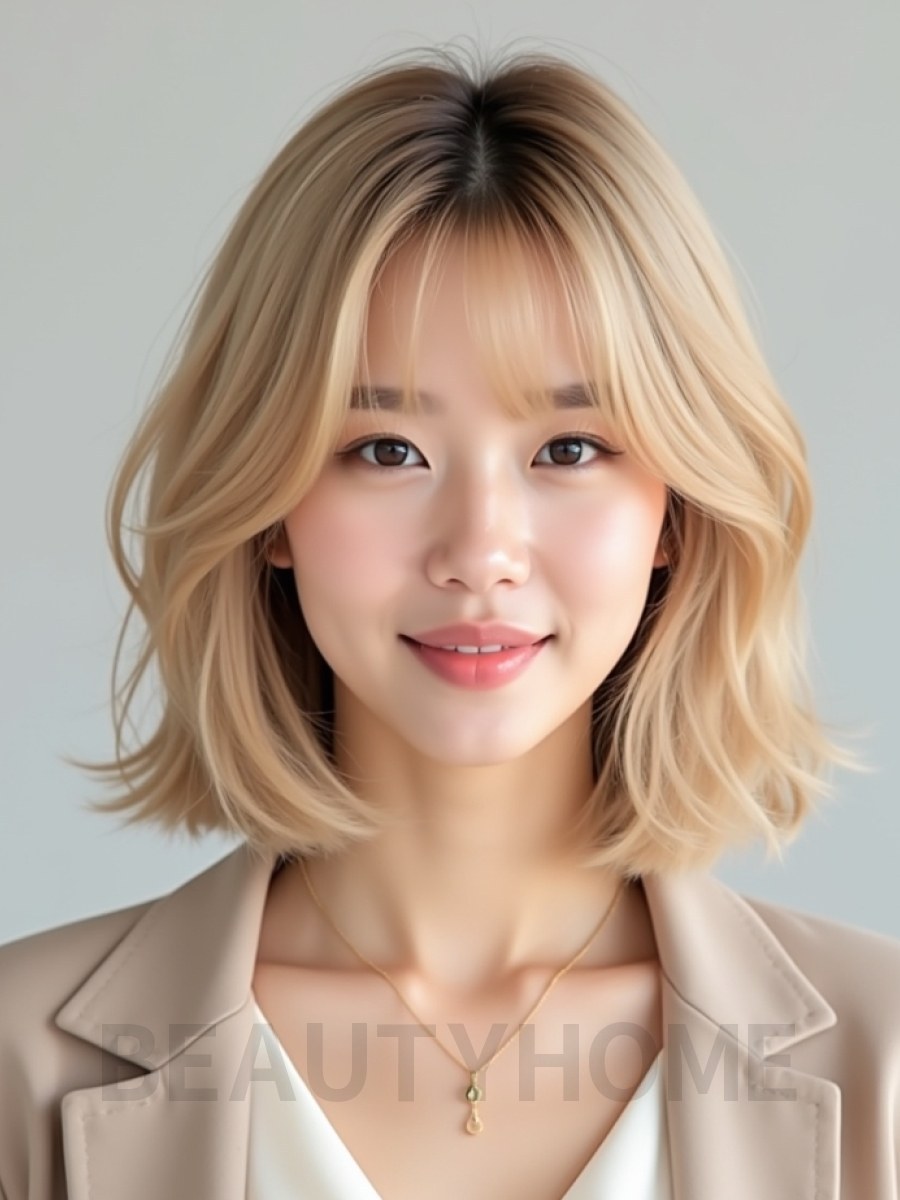 골든 블론드 귀밑 텍스처 단발+커튼뱅