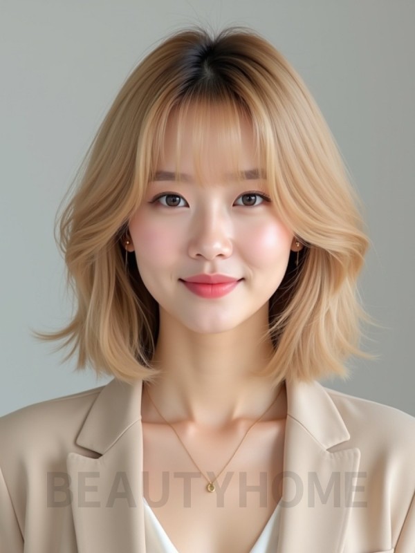 골든 블론드 턱선 스택 단발+시스루뱅