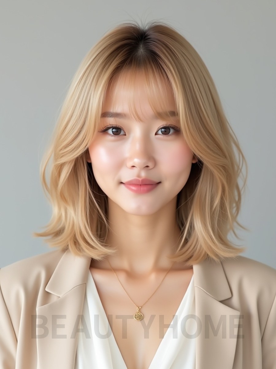 골든 블론드 턱선 인버티드 단발+풀뱅