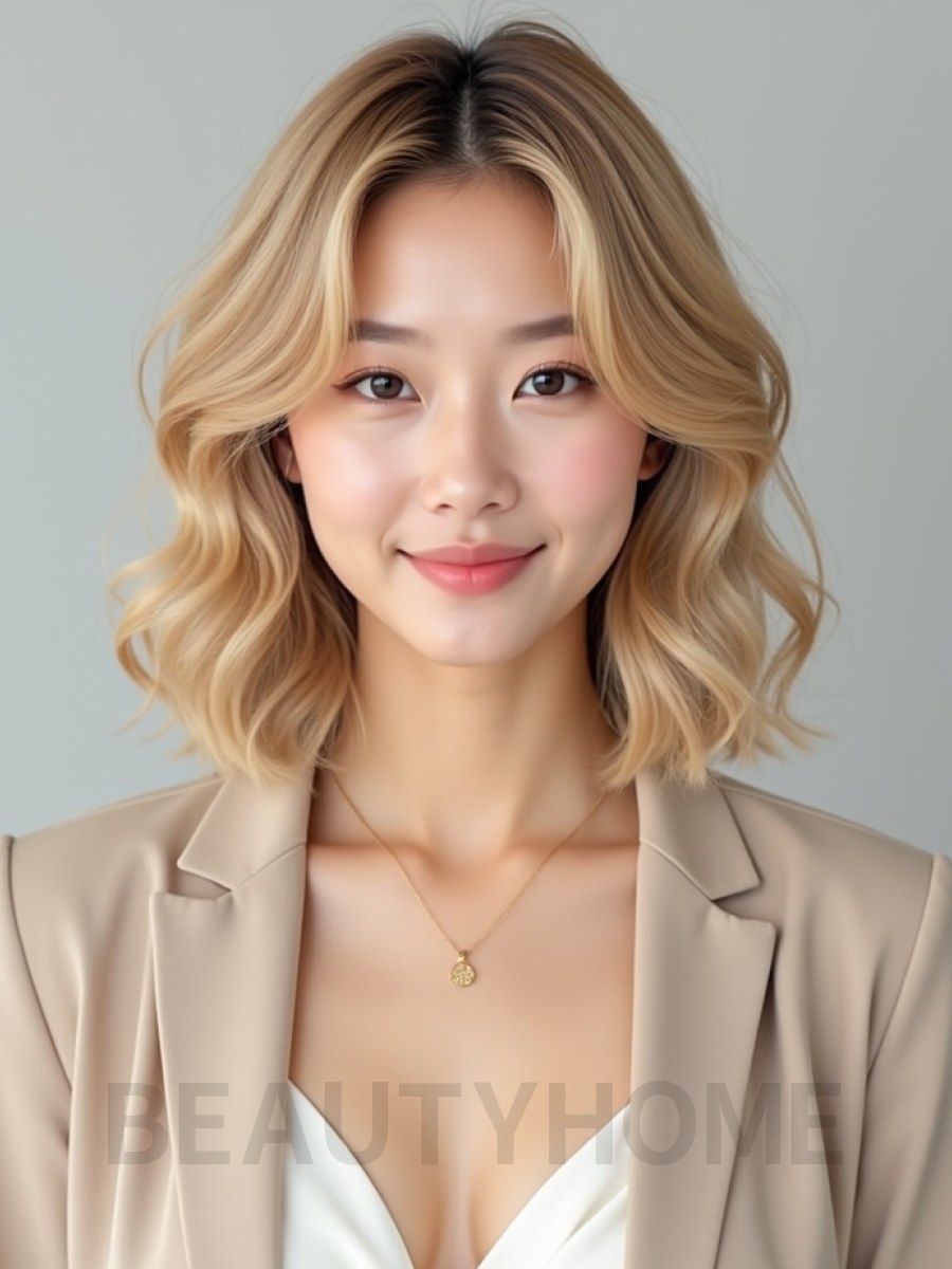 골든 블론드 귀밑 컬 단발+커튼뱅