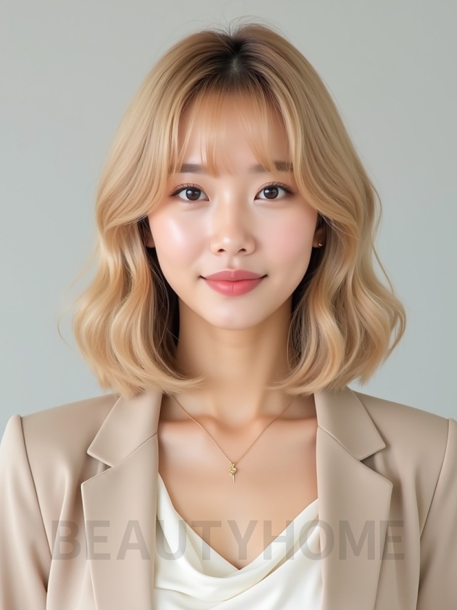 골든 블론드 귀밑 스트레이트 단발+커튼뱅