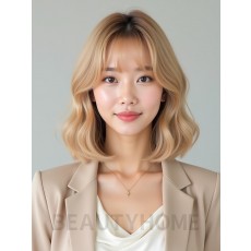 골든 블론드 귀밑 스트레이트 단발+커튼뱅
