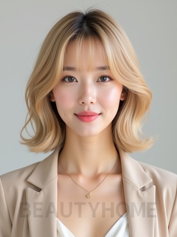 골든 블론드 귀밑 레이어드 단발+풀뱅