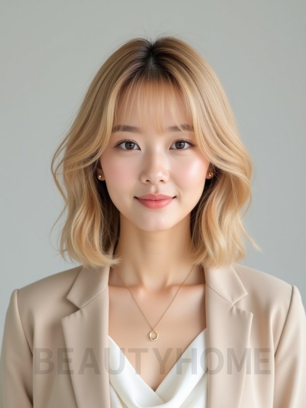 골든 블론드 귀밑 비대칭 단발+커튼뱅