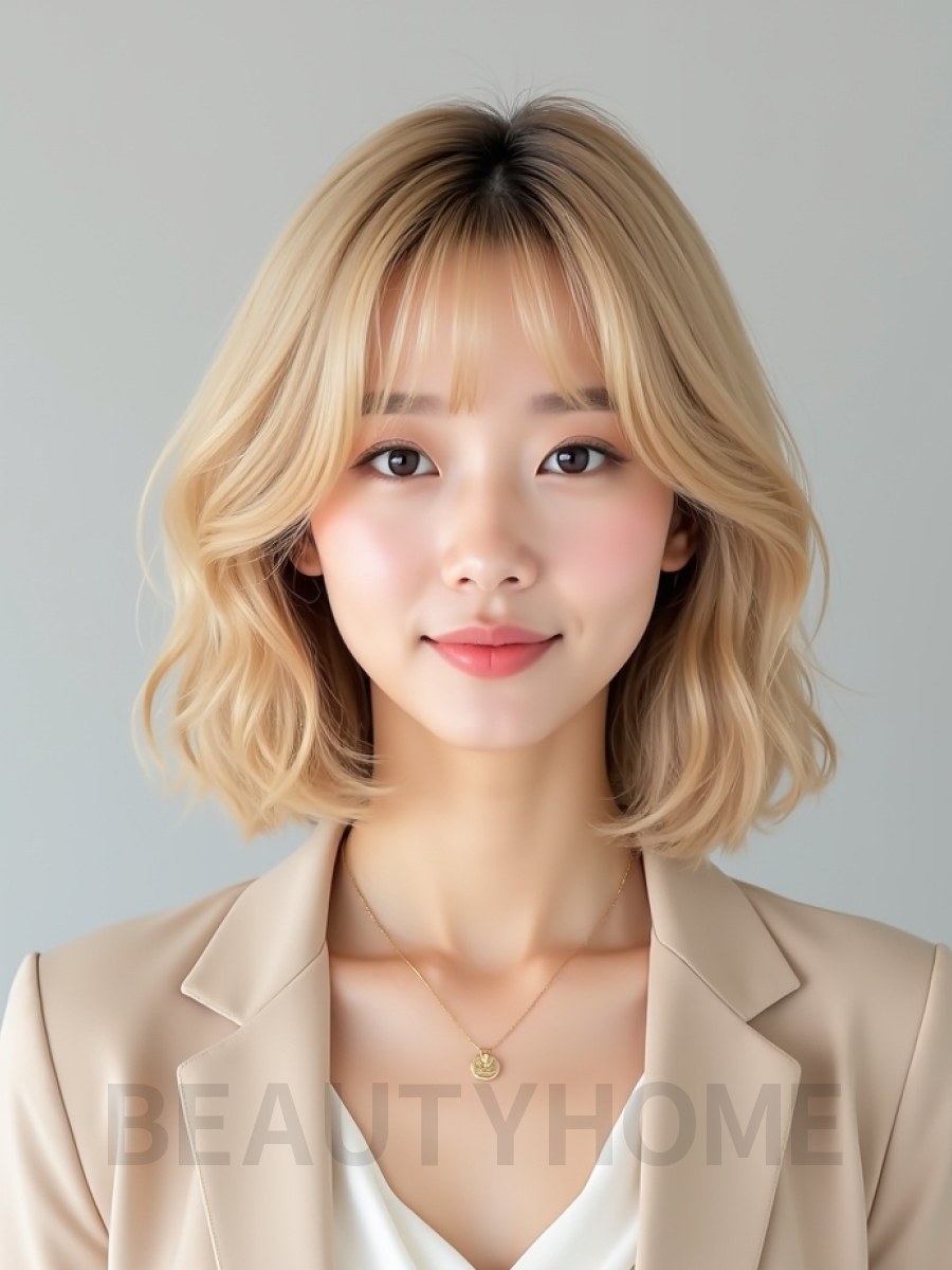 골든 블론드 귀밑 그라데이션 단발+커튼뱅