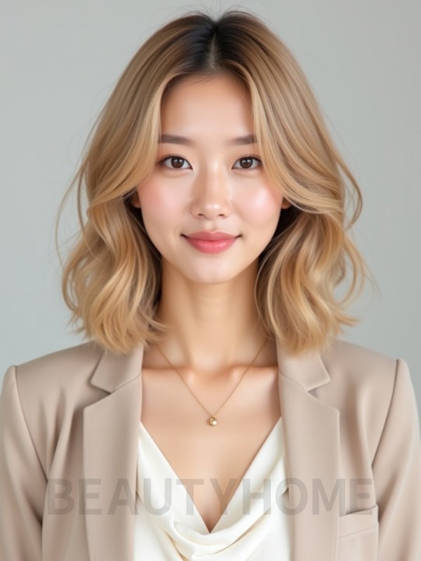 골든 블론드 턱선 컬 단발+사이드뱅