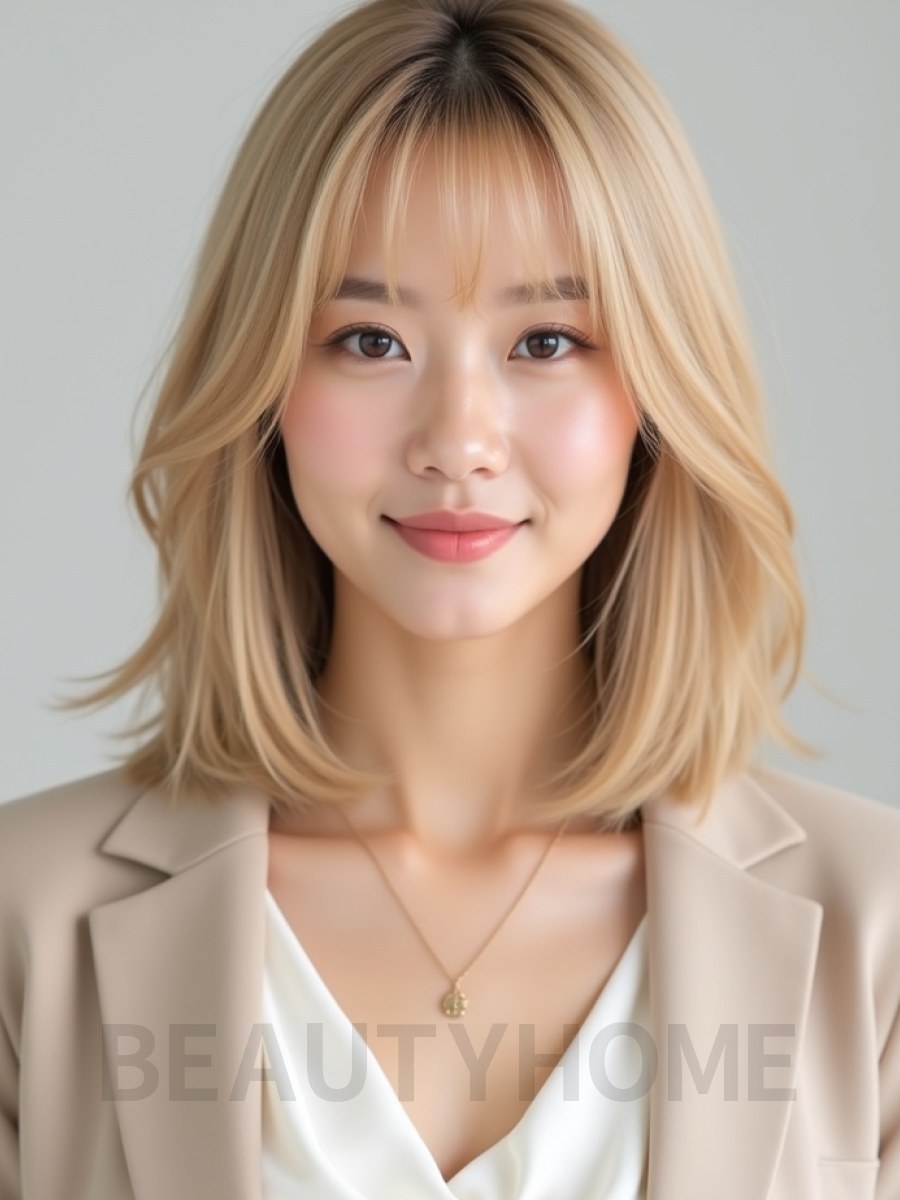 골든 블론드 귀밑 스트레이트 단발+사이드뱅